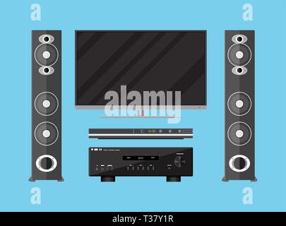 Set di vettore di dettagliate home theatre elettronica. TV, amplificatore, altoparlanti e media player. illustrazione vettoriale in stile piatto su sfondo blu Illustrazione Vettoriale