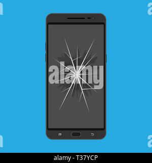 Moderno nero touch screen smartphone con schermo rotto. illustrazione vettoriale in stile piatto su sfondo blu Illustrazione Vettoriale