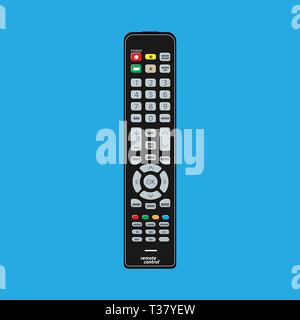 Nero telecomando moderno controllo del televisore. Illustrazione Vettoriale in stile piatto su sfondo blu Illustrazione Vettoriale
