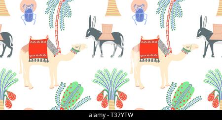 Modello senza cuciture con simboli Egiziano - il cammello, asino, Scarabeo e palm, illustrazione vettoriale Illustrazione Vettoriale