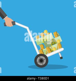 Carrello a mano piena di denaro e monete. illustrazione vettoriale in stile piatto su sfondo blu Illustrazione Vettoriale