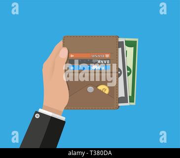 Le mani umane e aperto in pelle marrone uomini portafoglio con carte di credito e dollari in contanti. illustrazione vettoriale in design piatto su sfondo blu Illustrazione Vettoriale