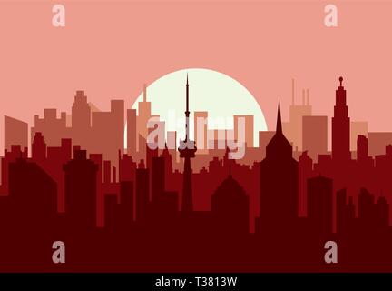 Skyline della città silhouette al tramonto. skyscappers, torri, office e edifici residenziale. illustrazione vettoriale Illustrazione Vettoriale