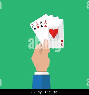 Quattro assi del poker in mano. Il gioco d'azzardo intrattenimento. Gioco di carte. illustrazione vettoriale in stile piatto su sfondo verde Illustrazione Vettoriale