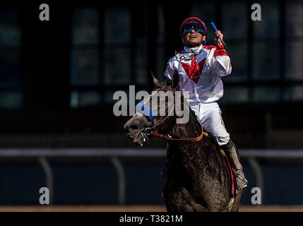 Arcadia, Ca, Stati Uniti d'America. 7 apr, 2019. Aprile 06, 2019: Roadster con Mike Smith vince il Santa Anita Derby al Santa Anita Park in aprile 06, 2019 in Arcadia, California. Evers/Eclipse Sportswire/CSM/Alamy Live News Foto Stock