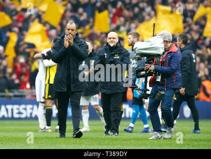 Londra, Regno Unito. 7 apr, 2019. Wolverhampton Wanderers manager Nuno Espirito Santo durante il FA Emirates Cup Semi-Final match tra Watford e Wolverhampton Wanderers allo Stadio di Wembley, London, Regno Unito al 07 Apr 2019. Azione di Credito Foto SportEditorial utilizzare solo, è richiesta una licenza per uso commerciale. Nessun uso in scommesse, giochi o un singolo giocatore/club/league pubblicazione. Credit: Azione Foto Sport/Alamy Live News Foto Stock