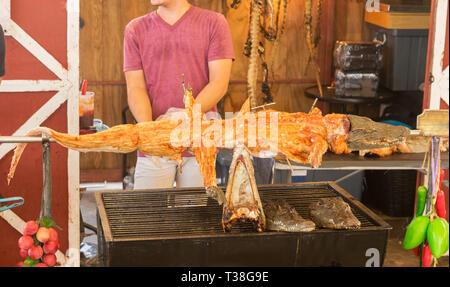 Coccodrillo alla griglia sulla cucina di strada in Thailandia Foto Stock