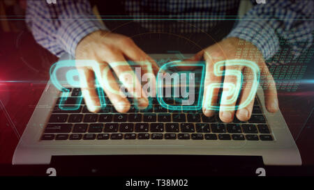 Man digitando sulla tastiera del notebook con il PILR sull'ologramma sullo schermo. Generale sulla protezione dei dati legge di regolazione e di sicurezza privacy in unione europea. Il futuristico tech Foto Stock