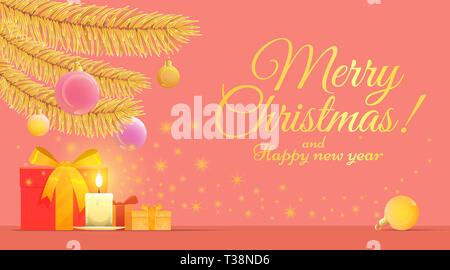Corallo e oro biglietto di auguri per Natale e Capodanno Vacanze con copia spazio che mostra elementi di Natale come golden rami di abete, doni. Illustrazione Vettoriale