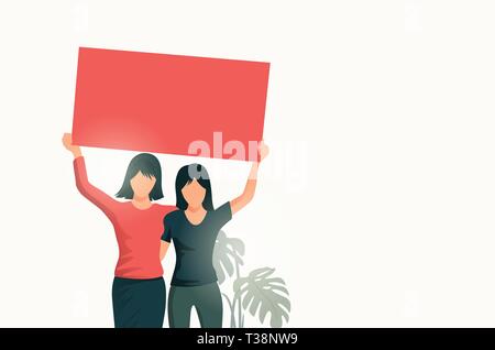 Due donne in piedi insieme e tenendo in mano un cartello bianco. Persone illustrazione vettoriale. Illustrazione Vettoriale