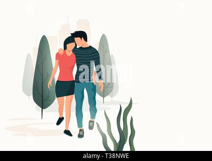 Una giovane coppia camminare e abbracciare ogni altra in un parco. Persone illustrazione vettoriale Illustrazione Vettoriale