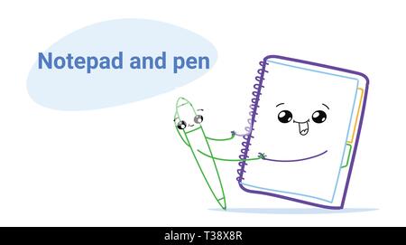 Carino il notebook tenendo le mani con la penna cartoon personaggi dei fumetti volti sorridenti felici gli Emoji kawaii disegnati a mano stile notepad e icona a forma di matita si torna a scuola Illustrazione Vettoriale