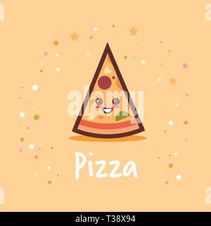 Carino trancio di pizza caldo cartoon personaggio dei fumetti con volto sorridente gustoso un fast food felice gli Emoji kawaii stile classico fast food concept illustrazione vettoriale Illustrazione Vettoriale