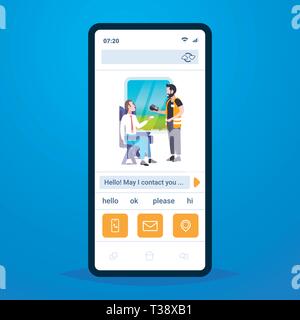 Ispettore uomo vendere biglietti a maschio passeggero seduto nel vano del treno online mobile app nella schermata dello smartphone la convalida del biglietto ferroviario concetto t.r.a. Illustrazione Vettoriale