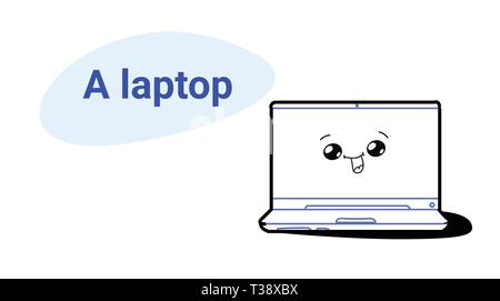 Laptop simpatico cartoon personaggio dei fumetti con volto sorridente felice gli Emoji kawaii disegnati a mano stile icona computer dispositivo digitale attrezzature per lavoro e educatio Illustrazione Vettoriale