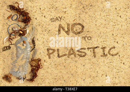 Real la bottiglia di plastica con tappo e paglia di plastica lavati fino sulla spiaggia miscelati con alghe marine e conchiglie di piume. Dire di no al testo in plastica Foto Stock