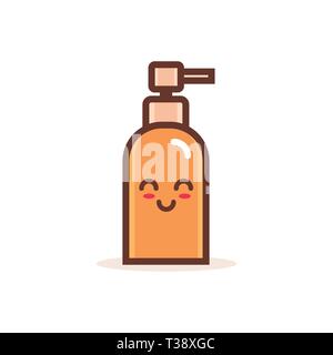 Pompa carina la bottiglia di plastica del fumetto personaggio dei fumetti con volto sorridente felice gli Emoji kawaii stile di schiuma di gel o dosatore per sapone liquido vettore concetto illustrat Illustrazione Vettoriale