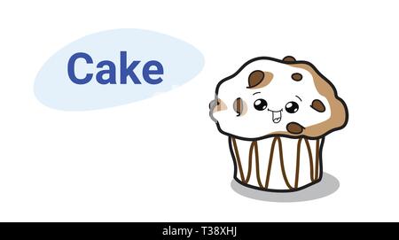 Carino cake muffin cartoon personaggio dei fumetti con volto sorridente gustosa tortina felici gli Emoji kawaii disegnati a mano dolce stile dolce da forno alimentare orizzonte di concetto Illustrazione Vettoriale