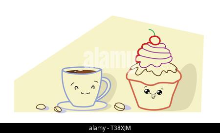 Carino cake muffin con tazza di caffè cartoon personaggi dei fumetti volti sorridenti gustosa tortina e bevanda calda felice gli Emoji kawaii disegnati a mano dolce stile panificio d Illustrazione Vettoriale