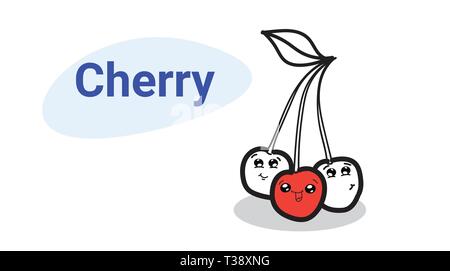 Carino red cherry cartoon personaggi dei fumetti con volti sorridenti felici gli Emoji kawaii disegnati a mano stile frutta fresca cibo sano concetto orizzontale il vettore Illustrazione Vettoriale