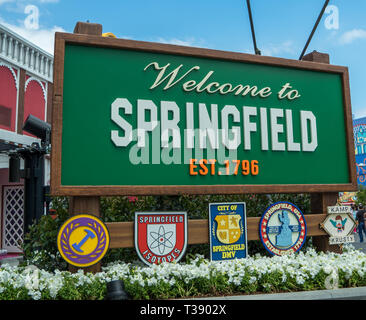 Universal Studios Theme Park, benvenuti a Springfield sign in terra Simpson, Hollywood, California, Stati Uniti d'America Foto Stock