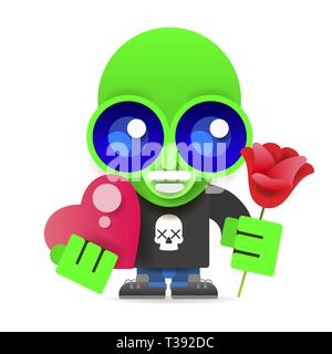 Alien verde con fiori e cuore illustrazione vettoriale su sfondo bianco Illustrazione Vettoriale