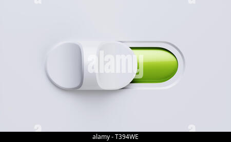 On e Off switch toggle button. 3D rendering verde sulla posizione On Foto Stock