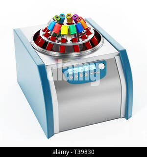Sangue macchina centrifuga con tubi di prova piena di campioni di sangue. 3D'illustrazione. Foto Stock