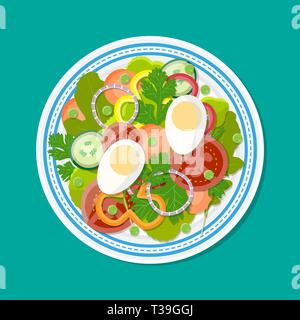 Fresca insalata di verdure con uovo sulla piastra. illustrazione vettoriale in stile piatto Illustrazione Vettoriale