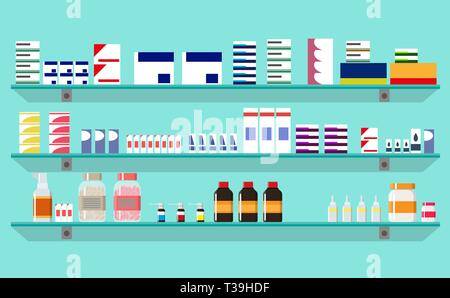 Arredamento moderno farmacia o farmacia. Pillole medicinali capsule di bottiglie di vitamine e di compresse. illustrazione vettoriale in stile piatto Illustrazione Vettoriale