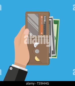 Le mani umane e aperto in pelle marrone uomini portafoglio con carte di credito e dollari in contanti. illustrazione vettoriale in design piatto su sfondo blu Illustrazione Vettoriale