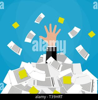 Sottolineato cartoon imprenditore nel mucchio di carte per ufficio e documenti. Lo stress sul lavoro. Oberati di lavoro. Illustrazione Vettoriale in design piatto Illustrazione Vettoriale