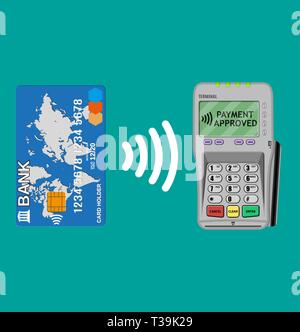 Terminale Pos conferma il pagamento mediante carta di credito. nfc pagamenti concetto illustrazione vettoriale in design piatto. Illustrazione Vettoriale