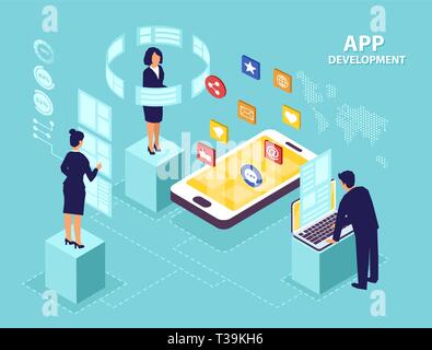 Application Development Concept. Vettore isometrica della gente di affari di ingegneri software nello sviluppo di nuove applicazioni mobile. Illustrazione Vettoriale