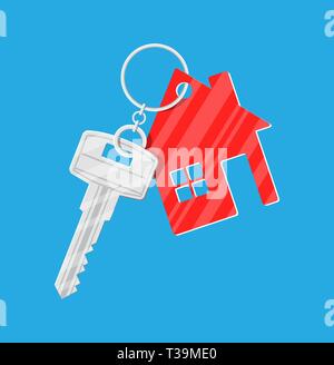 Chiave in metallo con portachiavi casa in stile piatto. illustrazione vettoriale Illustrazione Vettoriale