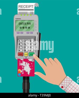 Mano entra un codice pin per la carta di credito sul pagamento terminale pos. illustrazione vettoriale in stile piatto Illustrazione Vettoriale