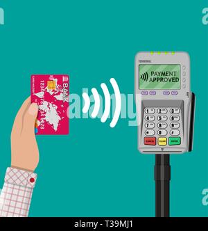 Mano umana con carta di plastica in banca e terminale pos. nfc pagamenti concetto, near field communication technology. illustrazione vettoriale in design piatto su g Illustrazione Vettoriale