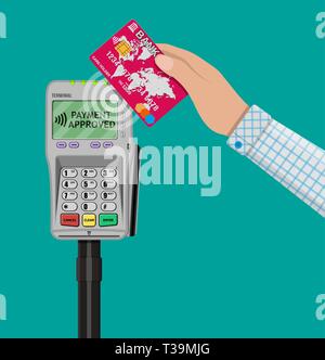 Mano umana con carta di plastica in banca e terminale pos. nfc pagamenti concetto, near field communication technology. illustrazione vettoriale in design piatto su g Illustrazione Vettoriale