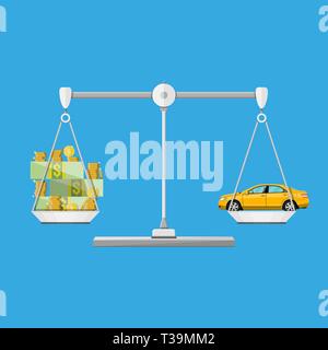 Bilance con auto e monete di denaro contante, illustrazione vettoriale in stile piatto Illustrazione Vettoriale