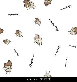 Modello senza giunture di cartoon coniglietti che denota il Sagittario segni zodiacali con testo. Illustrazione Vettoriale su sfondo bianco. Illustrazione Vettoriale