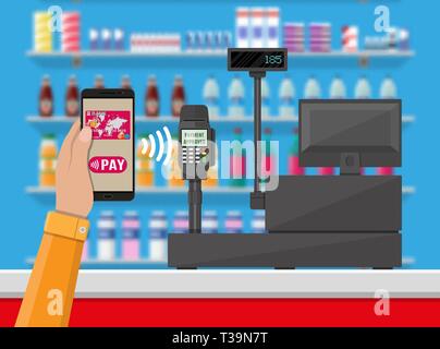 Terminale Pos conferma il pagamento tramite smartphone. Supermercato interno. Contatore di cassiere workplace. Scaffali con prodotti. Registratore di cassa e tastierino numerico. Vettore Illustrazione Vettoriale