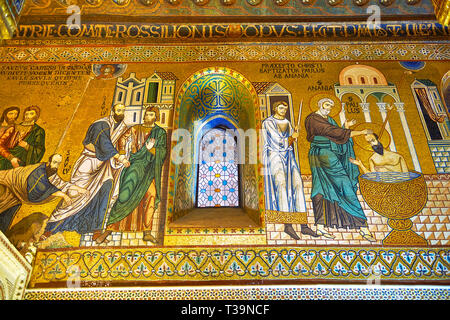 Bizantina medievale mosaici in stile di vita di san Paolo nella Cappella Palatina, Cappella Palatina, Palermo, Italia Foto Stock