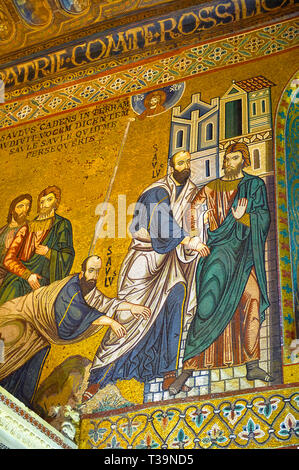 Bizantina medievale mosaici in stile di vita di san Paolo nella Cappella Palatina, Cappella Palatina, Palermo, Italia Foto Stock