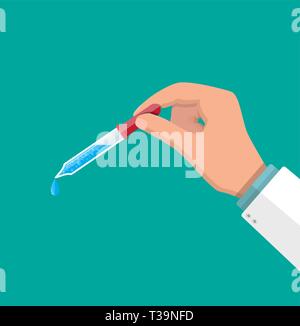 Pipetta con caduta in mano ai medici. Illustrazione Vettoriale in stile piatto Illustrazione Vettoriale