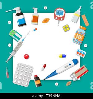 Medicina pillole e capsule di bottiglie e dispositivi di assistenza sanitaria. Compresse in stile appartamento. Medico di set di icone. Illustrazione Vettoriale Illustrazione Vettoriale