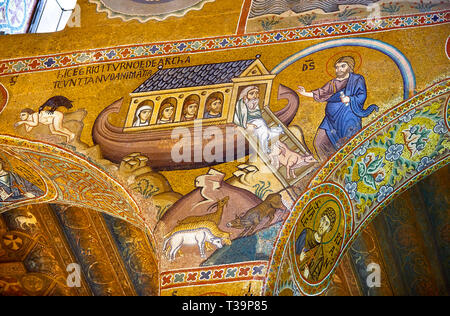 Medievale in stile bizantino mosaici del racconto biblico dell'arca di Noè Cappella Palatina, Cappella Palatina, Palermo, Italia Foto Stock