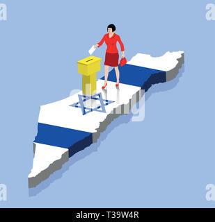 Donna israeliana votiamo su una mappa di Israele come bandiera Israeliana. Tutti gli oggetti, le ombre e lo sfondo sono in diversi strati. Illustrazione Vettoriale