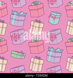 Seamless colorato cartoon compleanno pattern con avvolto confezioni regalo con nastri su sfondo rosa Foto Stock