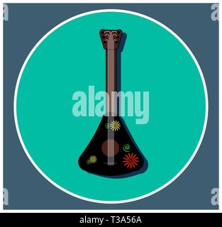 Colorato strumento musicale balalaika con ornamenti floreali. Folk musica russa. Oggetto nero isolata su uno sfondo blu. Piatto vettore logo Illustrazione Vettoriale