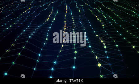 Il futuristico astratto di superficie di particelle di onda. Griglia ondulata di bright cryptocurrency simboli creazione piano curvo. Il futuristico 3D'illustrazione. Stilizzata Hi-T Foto Stock